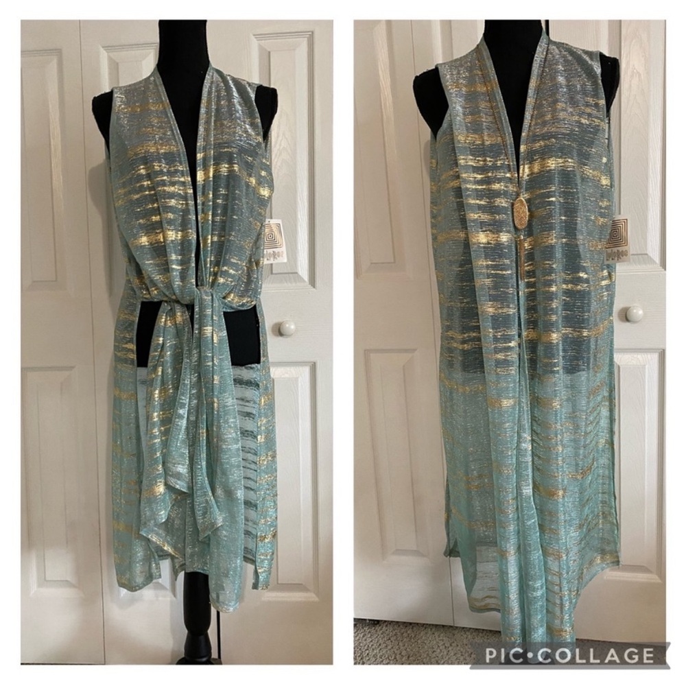 NEW• Glam Bohemian Chic Elegant Collection Aqua & Gold Metallic Longline Vest•L
